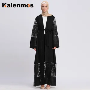 KALENMOS Muslim Open Abaya Women Embroidery Mesh Arab Dubai Long Robe Caftan Lace-up Kimono Dress Jubah Islamic Clothing Outwear