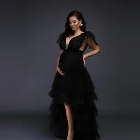 New Black Hi Low Tulle Maternity Gowns V Neck   Short Sleeves Ruffles Tiered A Line Long Women   Pregnancy Dresses