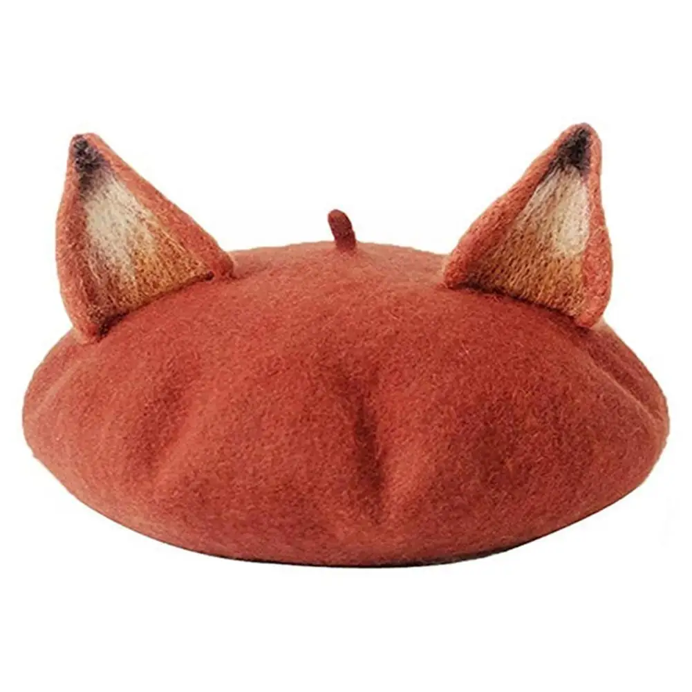 

Beret Cute Cartoon Fox Ear Woolen Beret Cap Retro Women Painter Warm Beret Autumn Winter Hat Beret Mushroom Art Gift Hat Ca L3f5