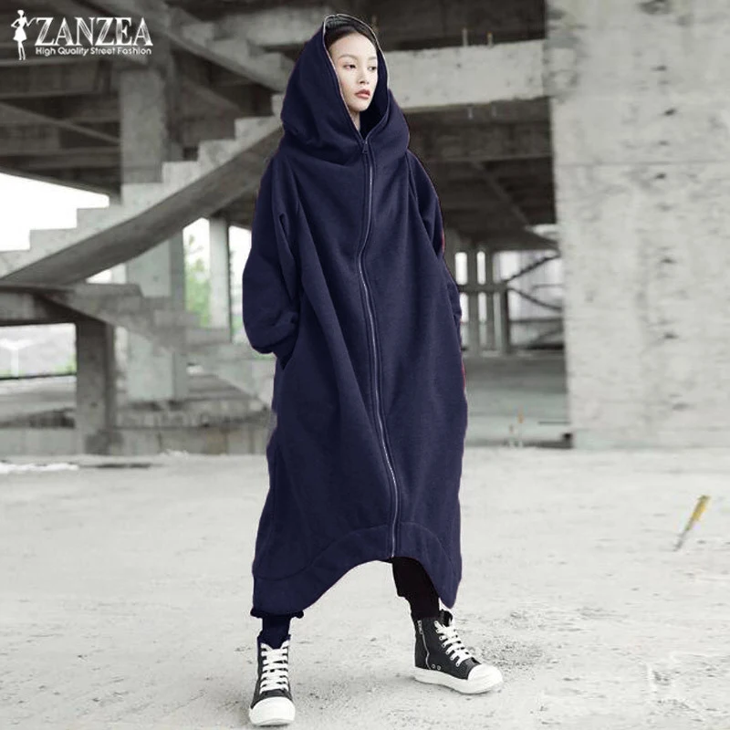 Зимний женский с капюшоном пальто куртки ZANZEA женский длинный рукав на молнии Длинные куртки негабаритные парки, верхняя одежда ветровки S-5XL