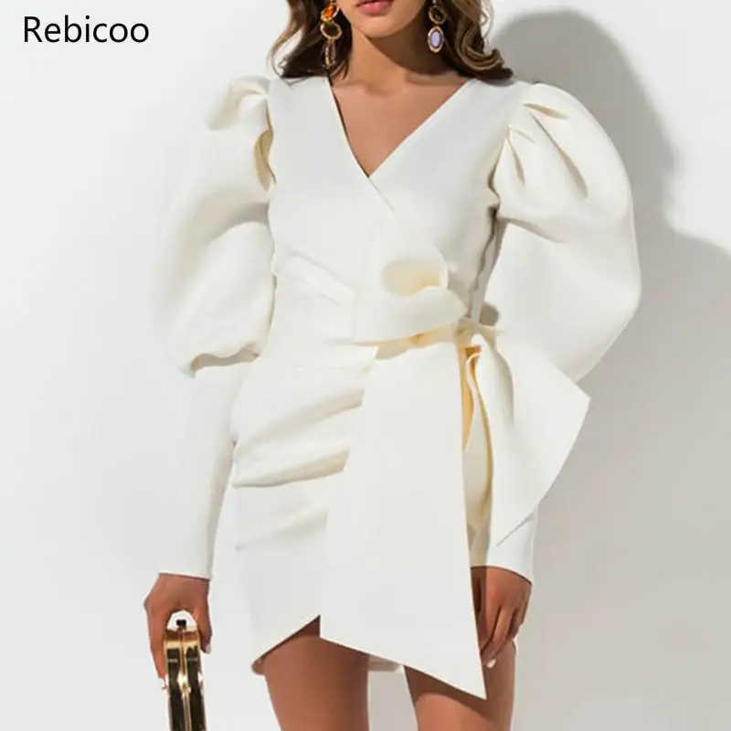

Sexy V-neck Puff sleeve women dress Autumn winter Short female dress mini Sash belt party vestidos bandage dress