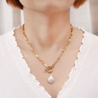 baroque freshwater pearl toggle necklace for women paperclip chain necklace stainless steel long box square chain long choker
