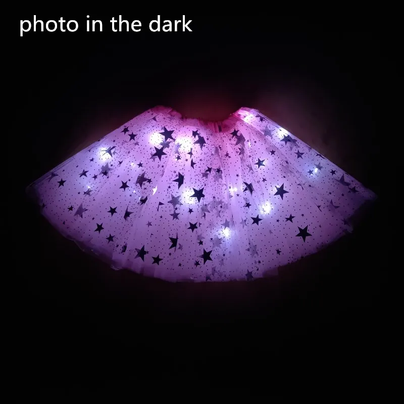 

2021 New Mesh Ribbon Light-emitting LED Children's Skirt Stage Dance Performance Festival Party Big Star Print Pink