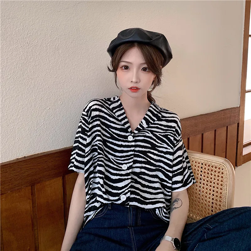 

Zebra-stripe Shirt Women's Short Sleeve Design Sense Retro Hong Kong Style Light Luxury Minority Fried Street Chic Very