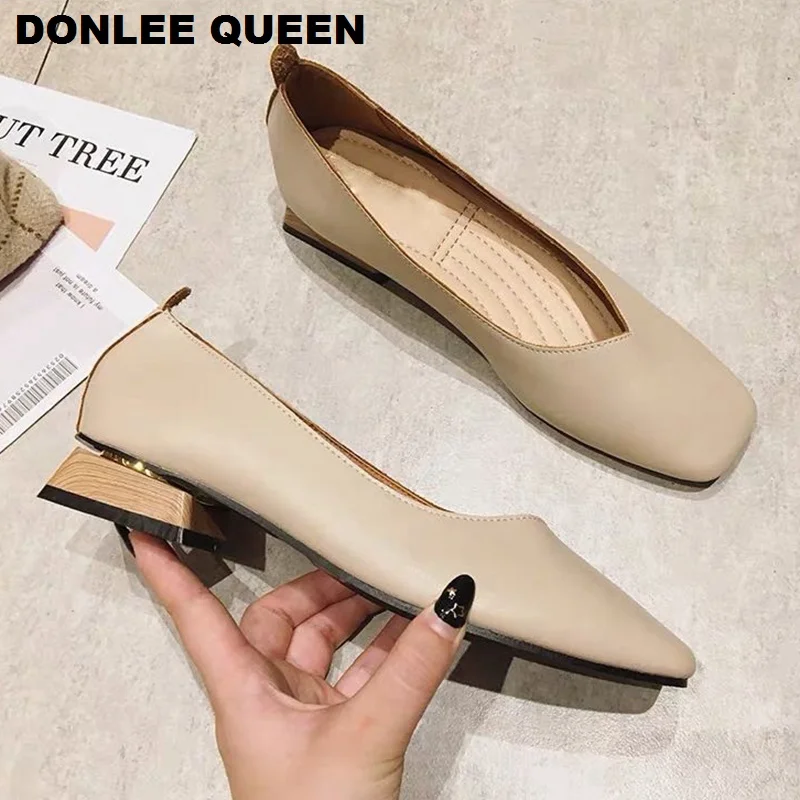 New Spring Flats Shoes Women Wooden Low Heel Ballet Square Toe Shallow Brand Shoe Slip On Loafer zapatos de mujer big size 35-41