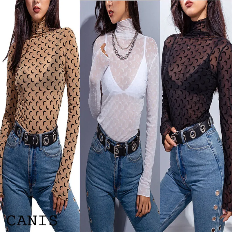 Женская прозрачная сетчатая Водолазка с длинным рукавом футболка прозрачным