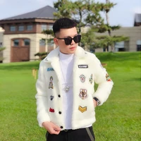 winter mens black white faux fur lambswool coat embroidery jacket single breasted warm short style j8