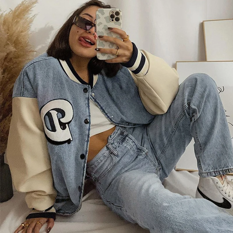 

Куртка-бомбер женская джинсовая в стиле оверсайз, уличная одежда в стиле хип-хоп, Повседневная Свободная зимняя куртка с воротником-стойкой...