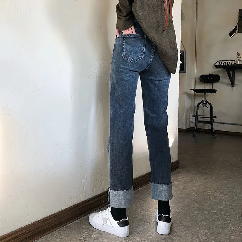 

Jeans Women Crimping Spring Ulzzang Retro Denim Trousers Womens Straight All-match Slim Chic Ins Bottoms Ladies Vintage Fashion