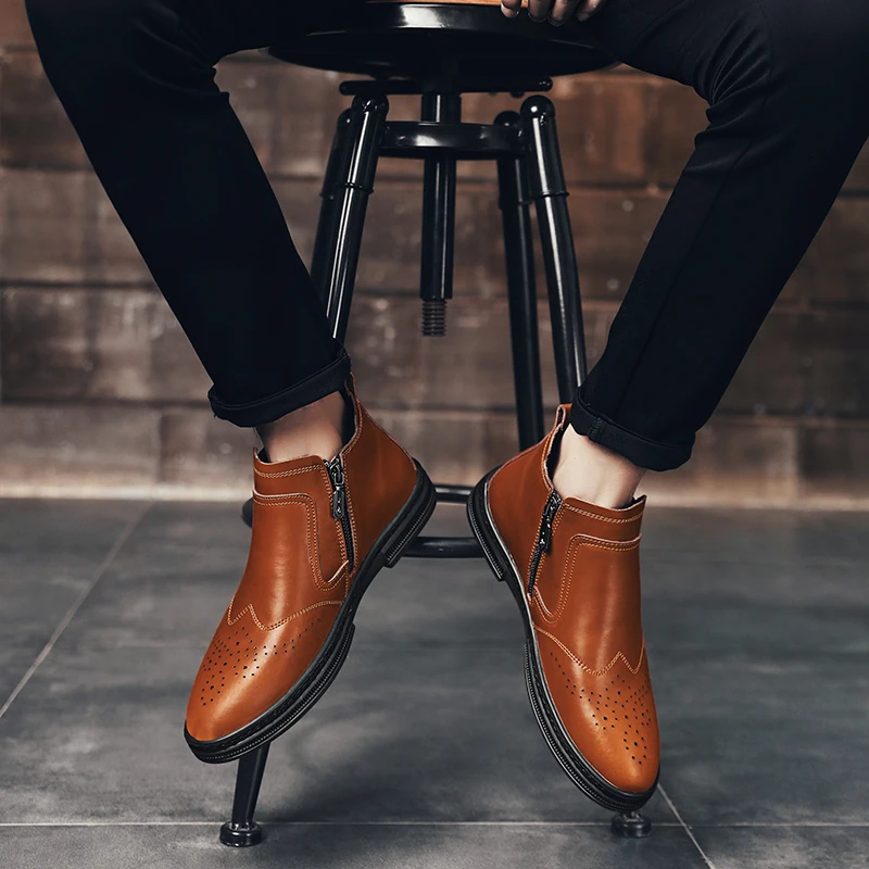 Мужские Ботильоны из натуральной кожи плиссированные мотоботинки высокие