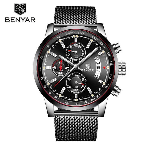 S-silverblack Мужские часы BENYAR, новинка, топ класса люкс, бренд, Бизнес Стиль, дата, мужские часы, сетка, нержавеющая сталь, кварцевые часы с хронографом, zegarek meski - Цвет: S-silverblack