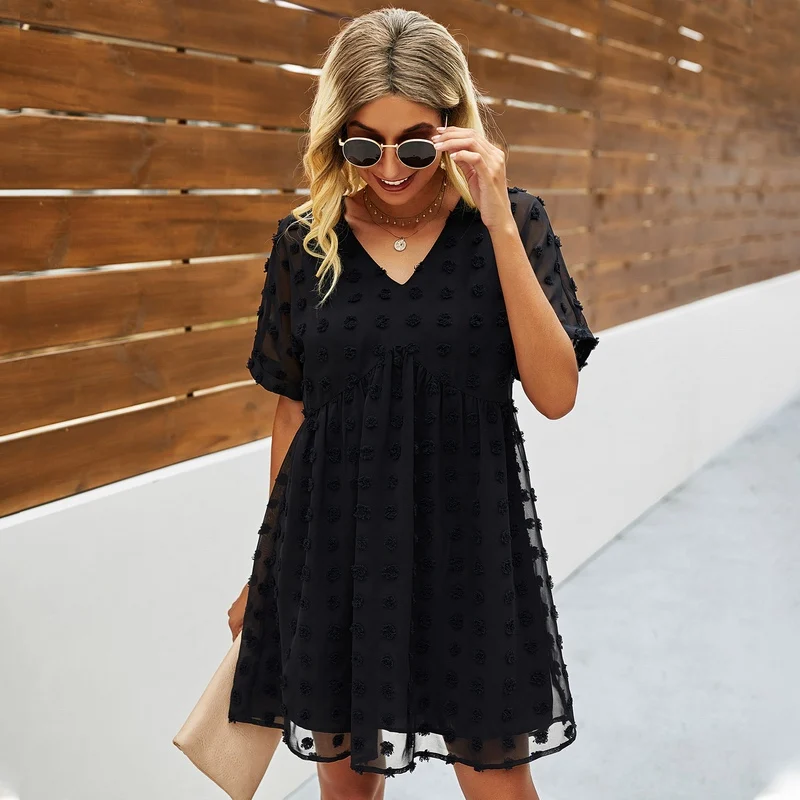 

Women Dot V-Neck Mini Dress Short Sleeve Loose Swing Dress Female Casual Losse Straight Dresses Mesh Through Short Dress