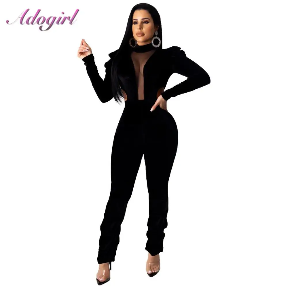 Женский прозрачный сетчатый лоскутный бархатный пышный комбинезон с длинным