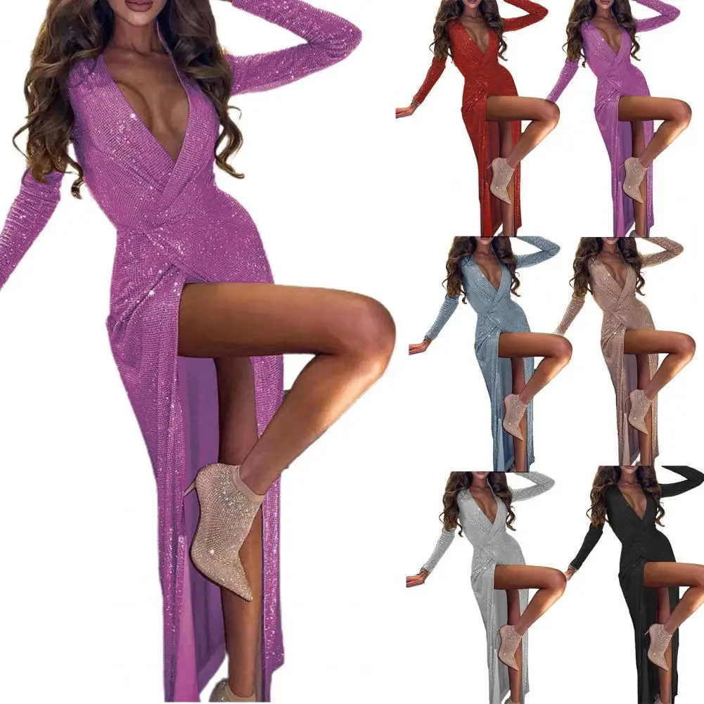 

Dropshipping Deep V-Neck Long Sleeve Maxi Dress Slim Fit High Split Glitter Wrap Party Dress for Bar