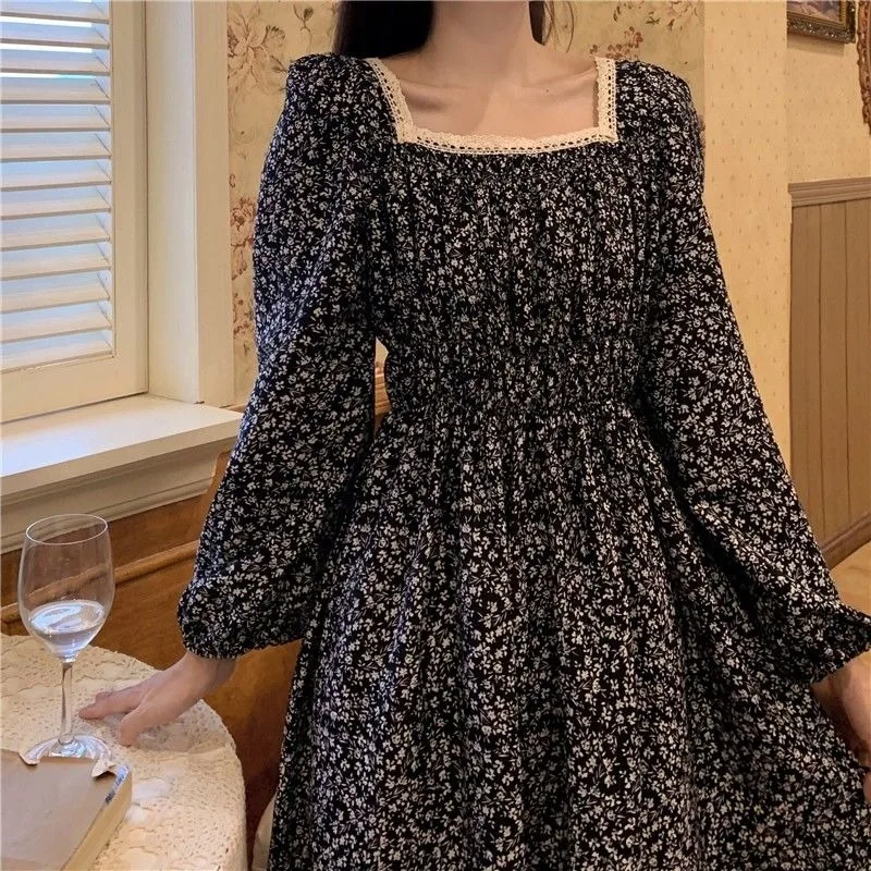 

Dress Women Square Collar Vintage Lace Patchwork French Elegant Puff Sleeve Leisure Feminino Vestidos Stylish Princess Style Ins