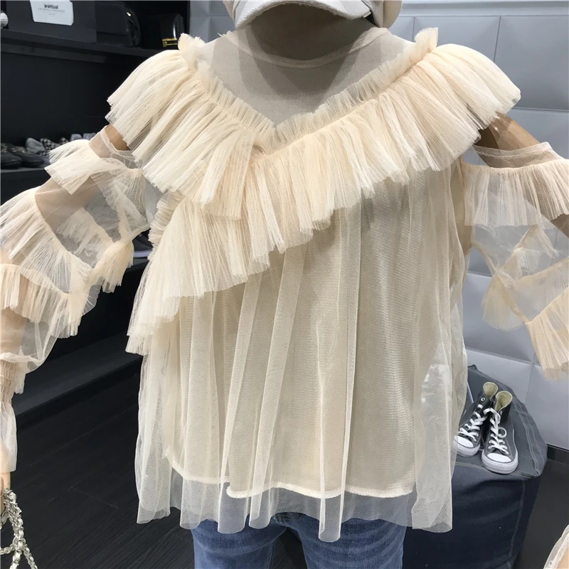 ALPHALMODA с длинным рукавом перспектива сексуальные женские осенние блузки с v-образным воротником гофрированные рукава Дамская мода шифоновый наряд рубашка