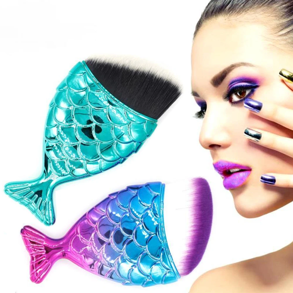 

Pro 1 pcs Mermaid Cosmetic Powder Blush Wool Fiber Fish Shape Makeup Foundation Brush 5 Colors Makeup Tools Powder Brush