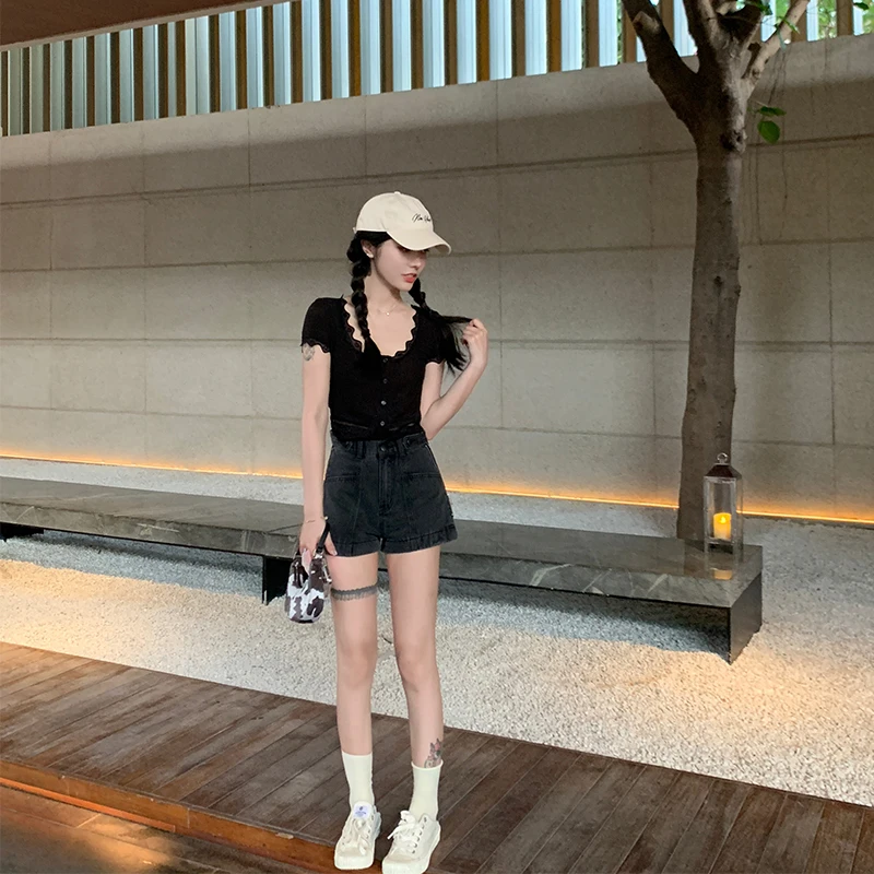 

Women Tshirts lace short sleeve T-shirt women's summer design U-neck short high waist Knitted Top