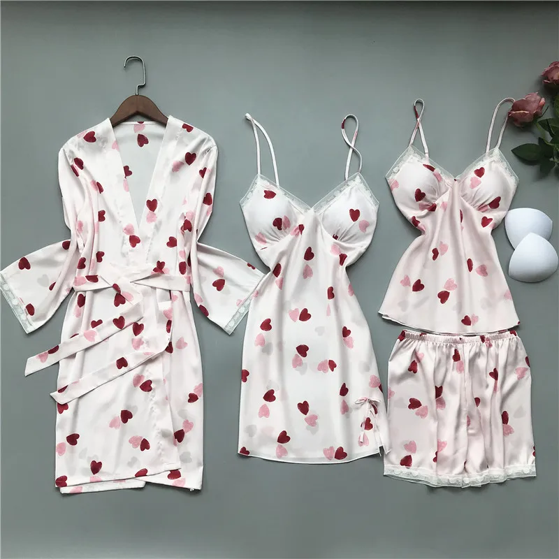 

Летняя и осенняя Ночная сорочка из вискозного волокна Ночная рубашка комплект из четырех предметов пикантная пижама с длинными рукавами же...