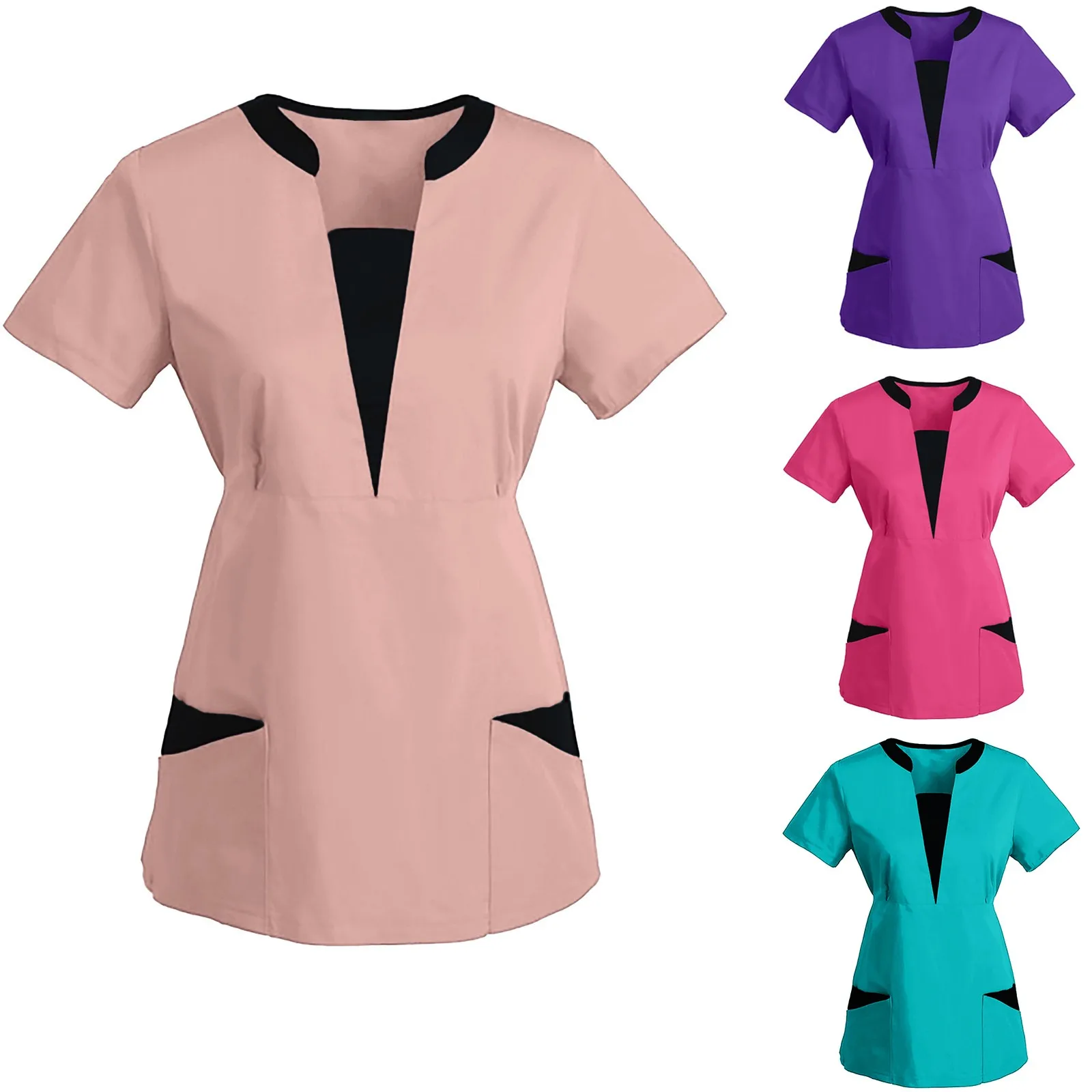 

Korean version SPA Uniforms Women Beauty Salon Scrub Tops Slim Fit Healthcare Tunic Short Sleeve Solid Patchwork Blouse Tops