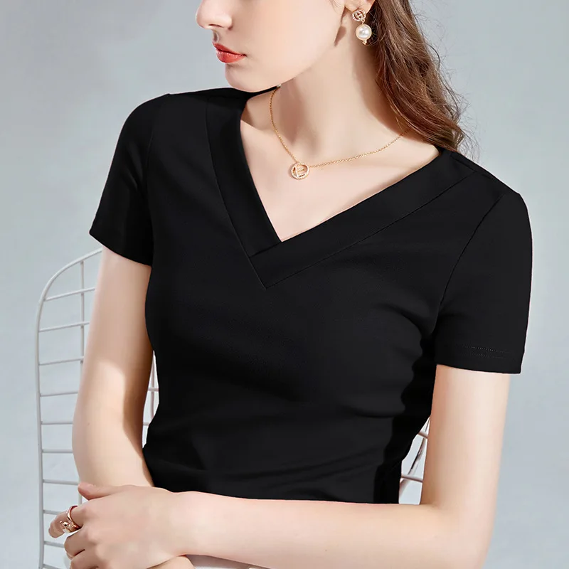 

V-neck short sleeve T-shirt women's new summer women's simple basic cotton T-shirt solid color tight clavicle top