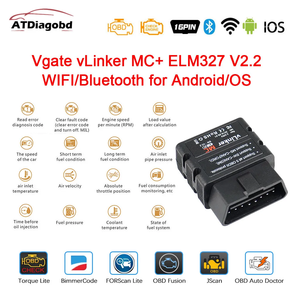 2020 Новинка Vgate vLinker MC + ELM327 V2.2 Bluetooth 4.0 WIFI Forscan для Android/IOS OBD OBD2 автомобильный