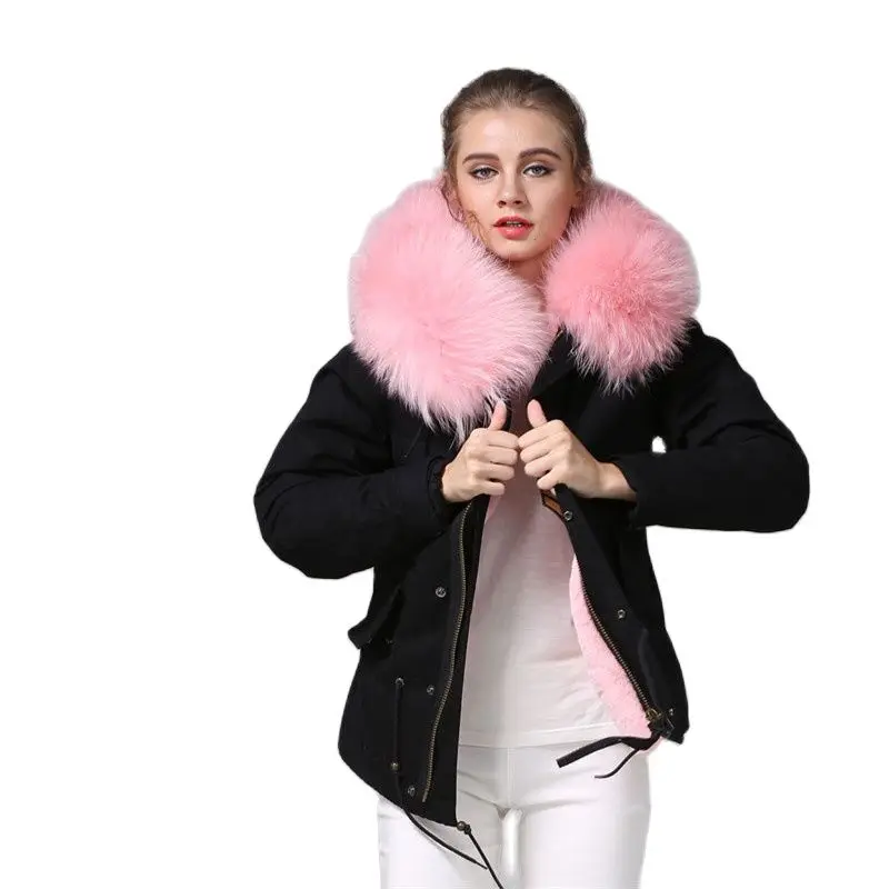 Mhnkro New Arrival Black Cotton Windproof Shell Baby Pink Elegant Color Faux fur Remove Lining Winter Women Fur Coar Wear