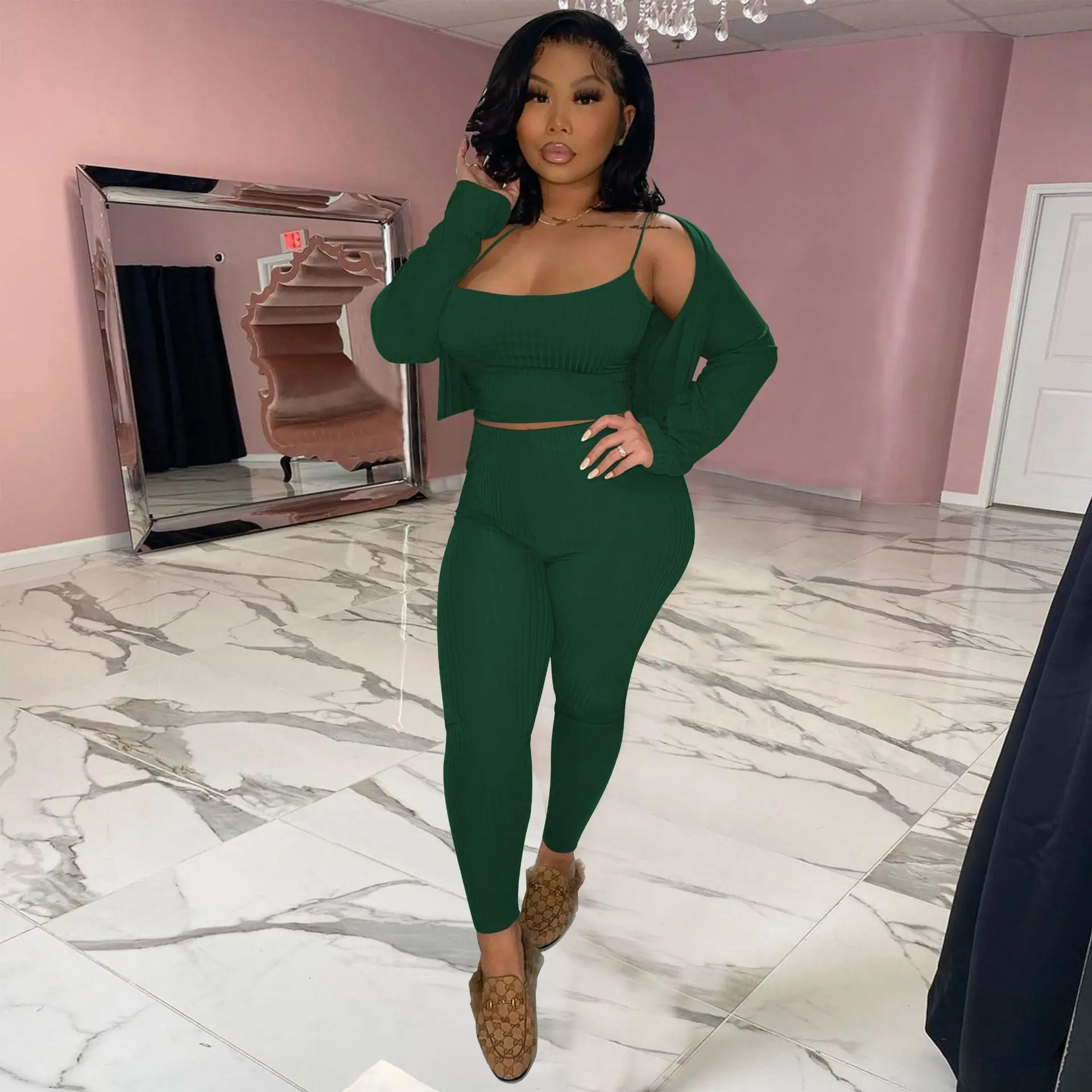 

2021 Spring and Autumn new three pice set Women Set Solid Outwear Spaghetti Strap Short Tops Long Pants Autumn Casual Outfits