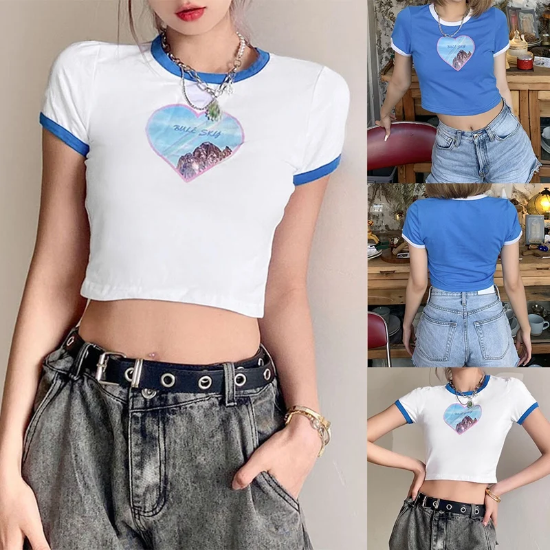 

Women's Slim Fit Fashion Love Print Round Neck Curl Short Sleeve T-Shirt