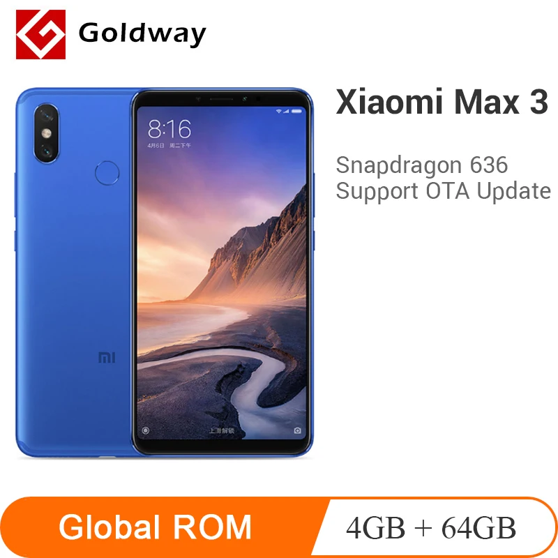 Xiaomi Mi Max 3, 4 Гб ОЗУ, 64 Гб ПЗУ, 6,9 дюйма, полноэкранный Восьмиядерный мобильный телефон Snapdragon 636, 12 Мп+ 5 МП, двойная камера, 5500 мА/ч