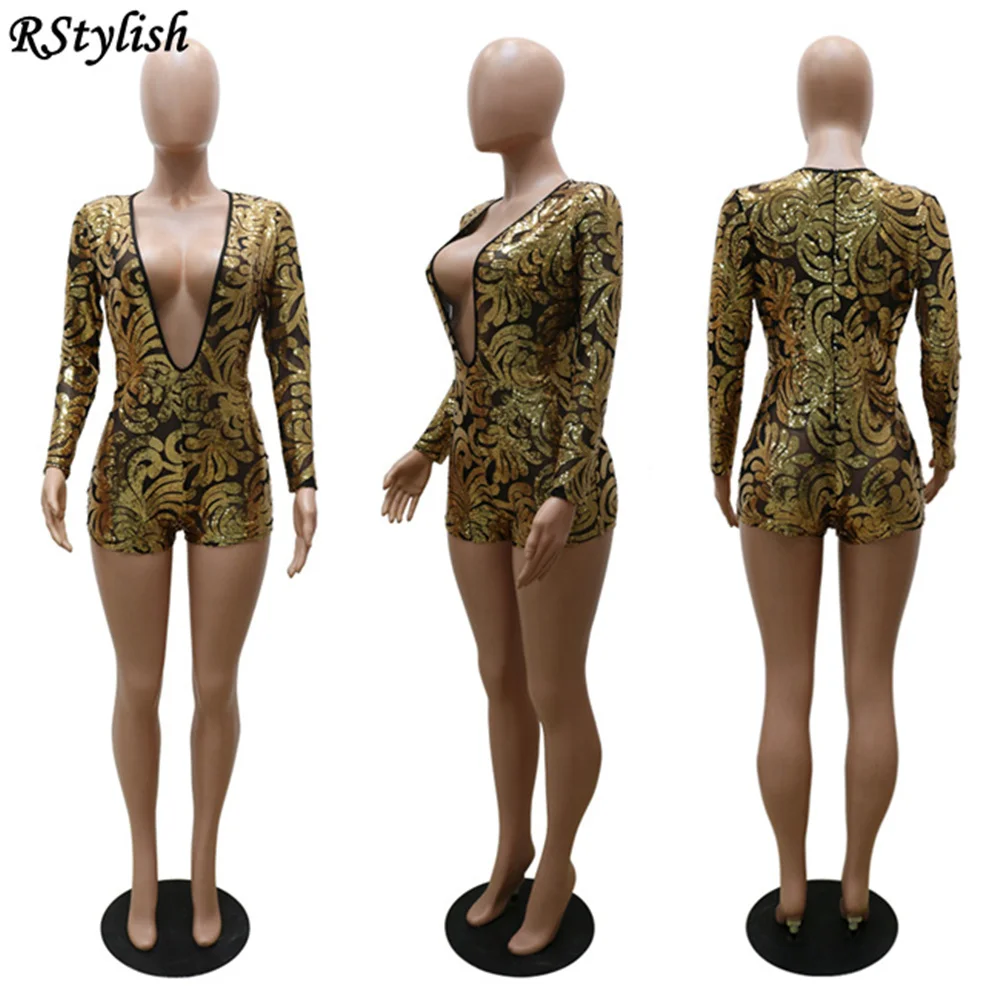 

RStylish Summer 2021 New Women Deep V Neck Sequins Bodysuit Sexy Long Sleeve Bodycon Gold Playsuits Lady Nightclub Party Romper