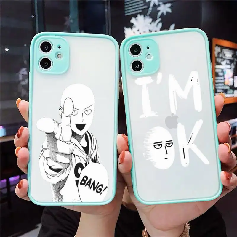 

one punch man Phone Case For iPhone 12 11 Mini Pro XR XS Max 7 8 Plus X Matte transparent blue Back Cover