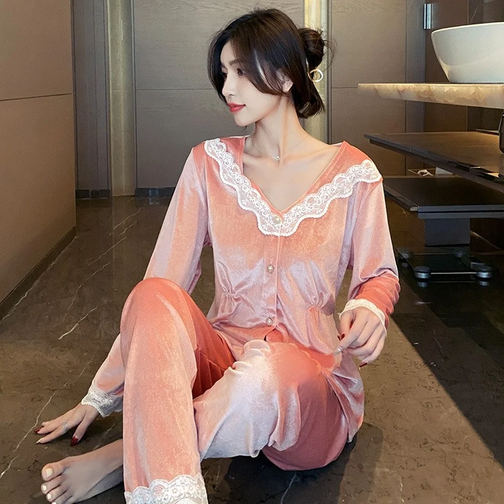 Winter Gold Velvet Pajamas for Women's Cardigan Lazy Fashion Suit Home Service Women's Pajamas Set Home Clothes Sleepwear пижама