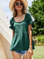 2021 summer women tops solid color round neck bubble short sleeve cotton and linen minority doll blouse loose pullover