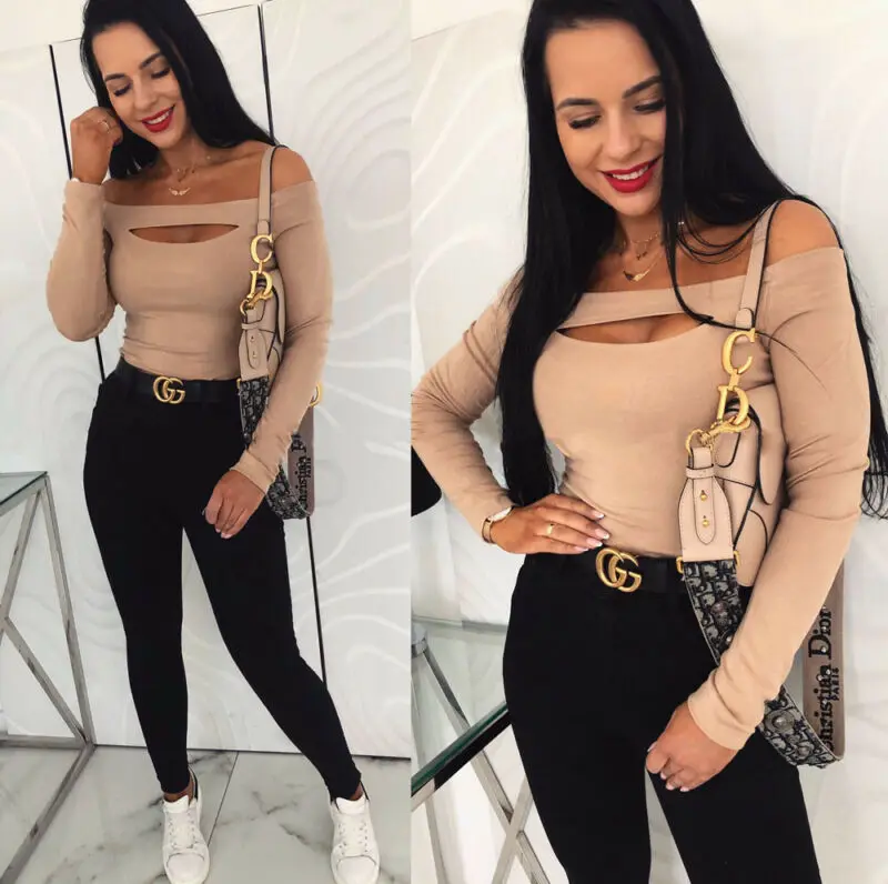 Модная женская футболка сексуальная с открытыми плечами длинным рукавом