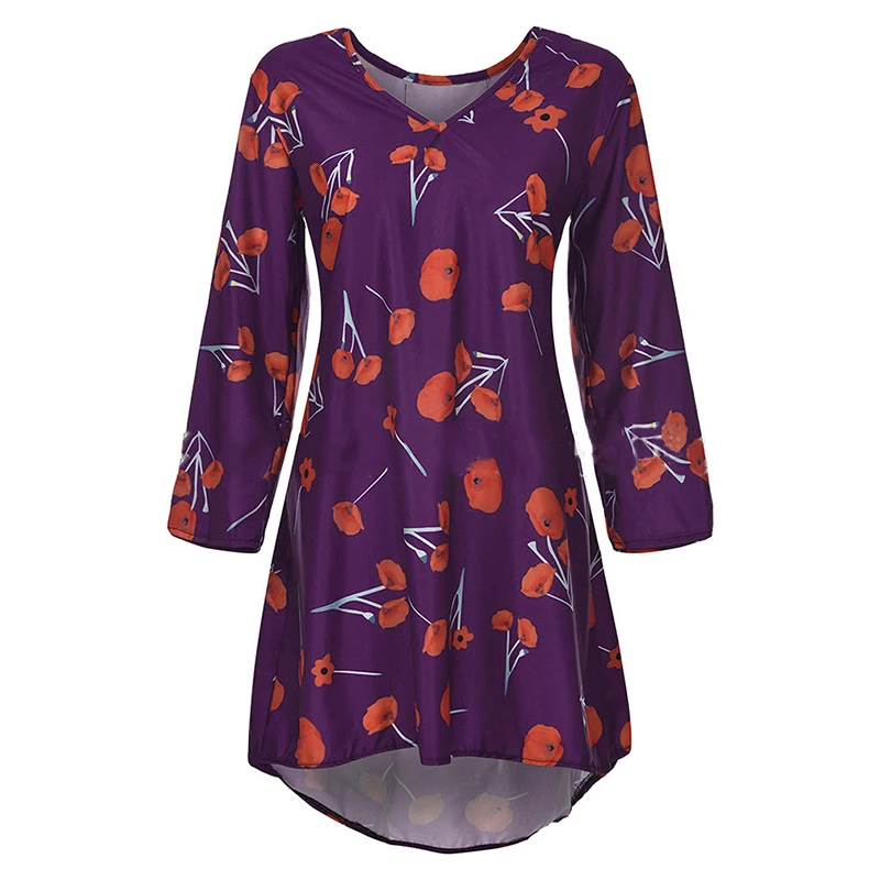 

Fashion Autumn Dresses Womens Three Quarter Sleeve Dress V-Neck Loose Casual Print Large Size Hot Vestido New Arrival