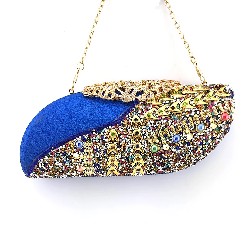 

2020 New Arrival Italian Design Shinning PU Material Royal Blue Color Ladies Shoes and Bag Set Decorated With Colorful Rhineston