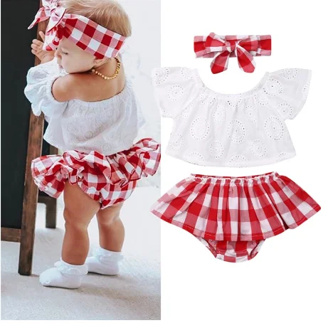 

Cute Newborn Baby Girl Summer Clothes 3pcs Off Shoulder Tops+Plaid Short Dress+Headband Outfits 0-24M