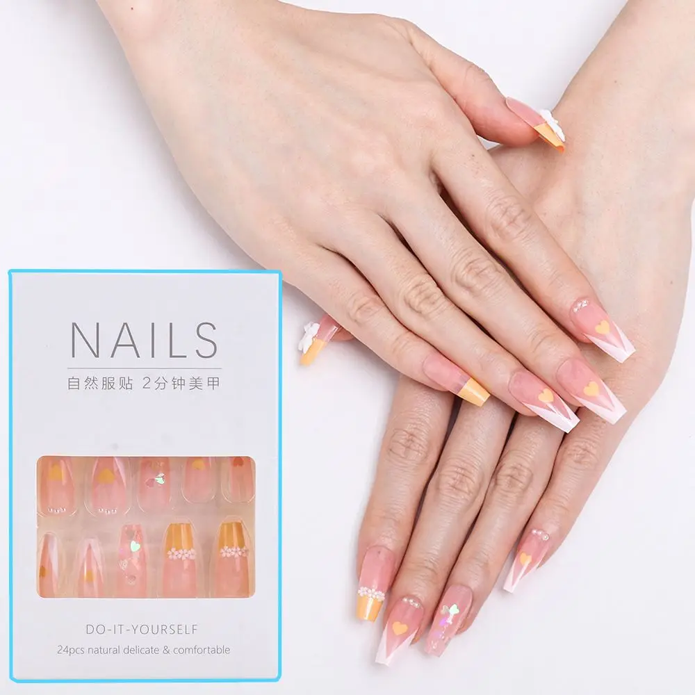 

Beauty Full Cover Flower Pattern White Edging Long Paragraph French Nails Artificial False Nails Fake Nail