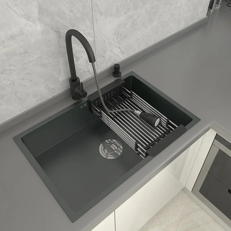 

Black Nano Kitchen Large Sink Single Bowl Stainless Steel Under Counter Vegetable Basin Kitchen Sink with Faucet Portable Sink