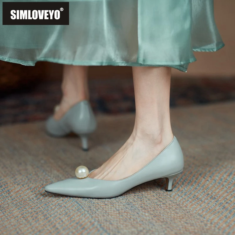 

SIMLOVEYO Ladies Pumps New 2021 Pointed Toe 4.5cm Heels Genuine Leather Pearl All-Match Elegent Classic Office Date Summer A3333