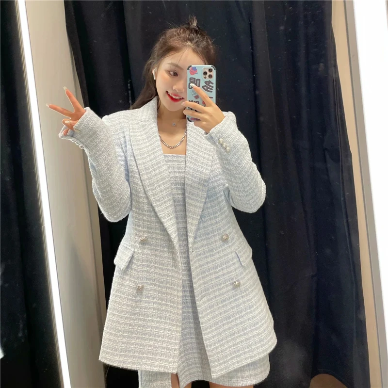 

KRSB 2021 Spring Women Fashion Double Breasted Tweed Check Blazer Coat Vintage Long Sleeve Pockets Female Outerwear Chic Veste