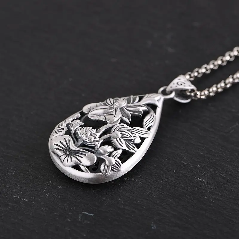 

Real 990 Sterling Silver colour Vintage Hollow Lotus Flower Pendants for Women Men Couple Gift Elegant Fashion Jewelry Bijoux