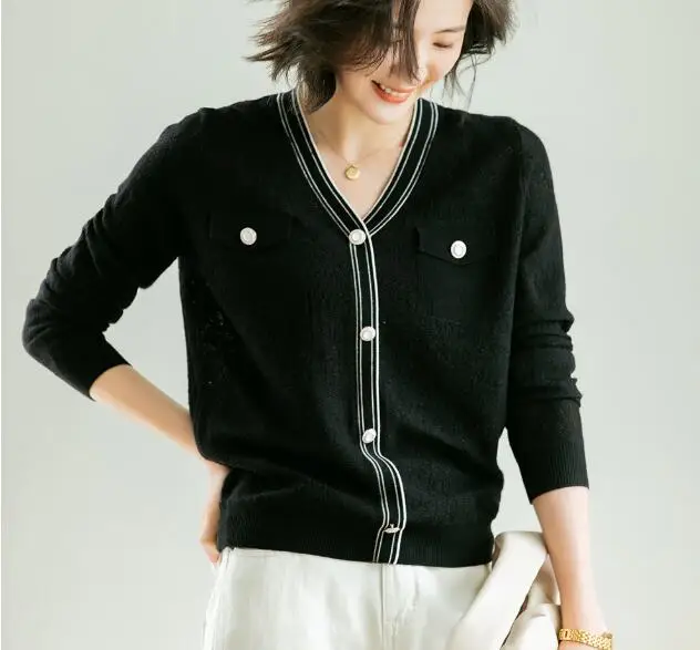 

Cultiseed Women V neck Pockets Knitted Sweater Coats Female New Autumn OL Single Breasted Long Sleeve Cardigan Sweater Jacket