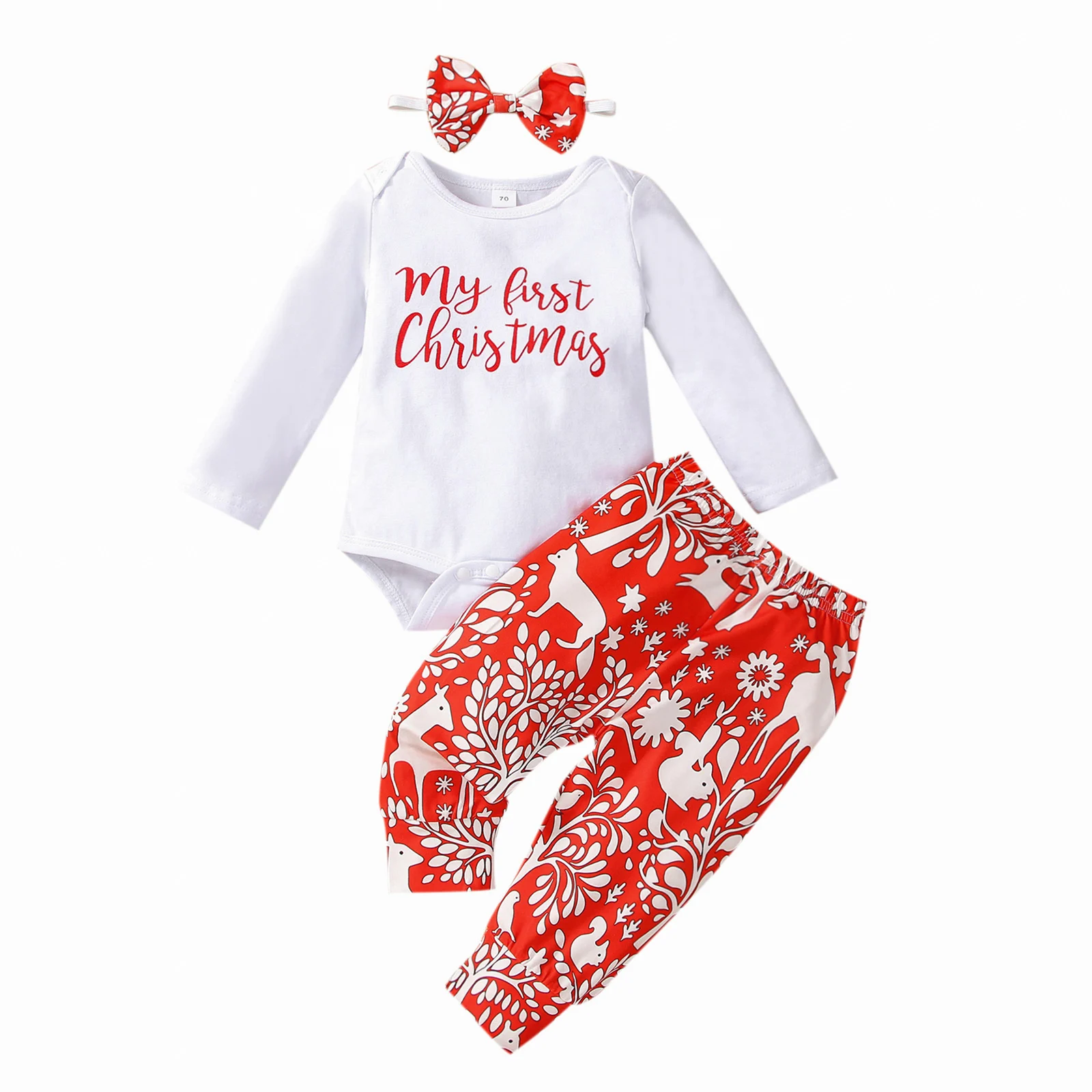 

OPPERIAYA 3Pc My First Christmas Outfit Letter Long-Sleeve Bodysuit Cartoon Pants Headband for Toddler Baby Girl Boy 0-18 Months