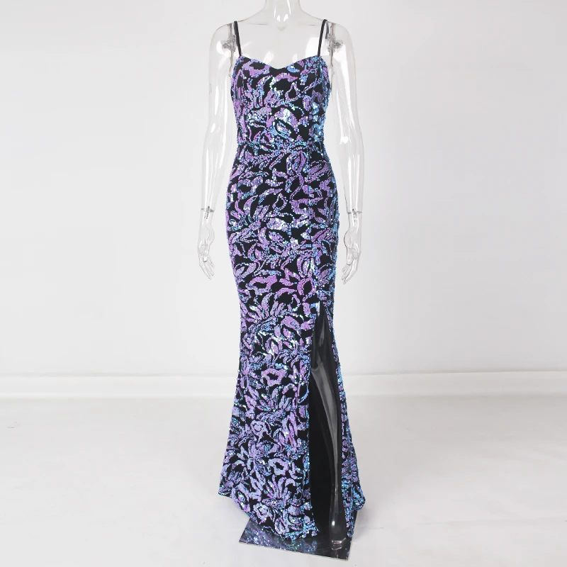 Вечернее платье макси без рукавов с разрезом и блестками|Женские платья| |