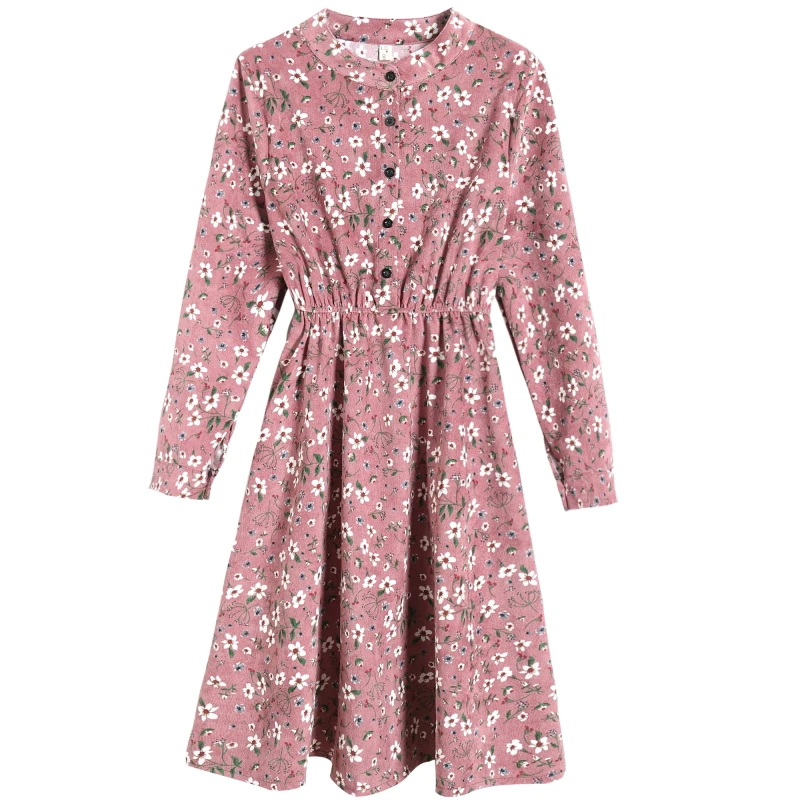 

Mori Girl Women Autumn Elegant Floral Dress Stand Collar Buttons Casual Loose Midi Dress Cute Kawaii Corduroy Femininos Vestidos