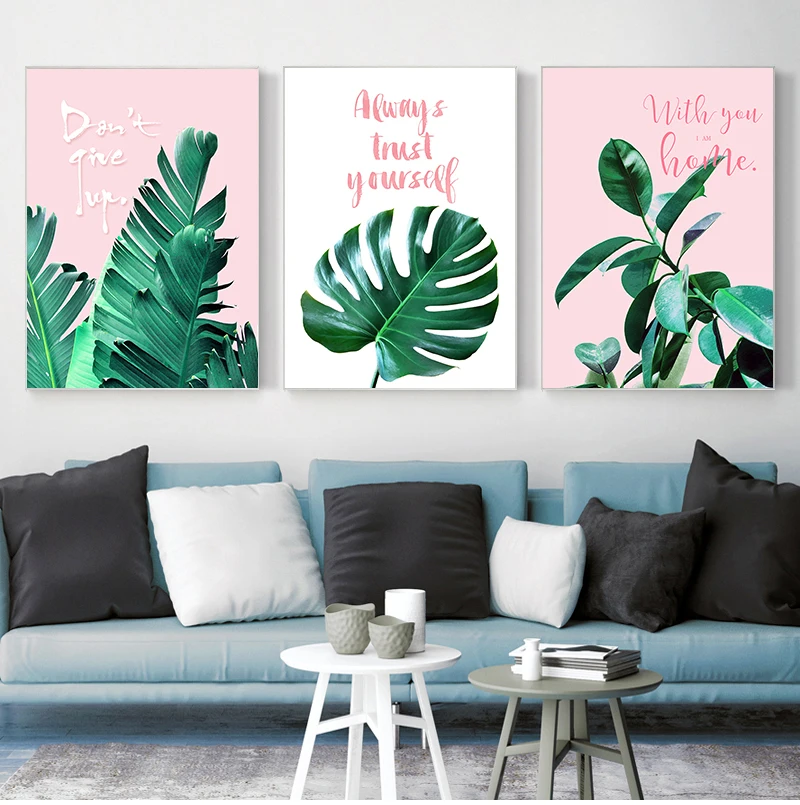 

Зеленые тропические искусства, постер, скандинавский настенный художественный Рисунок, картины на холсте для розового фона, гостиной, дома...