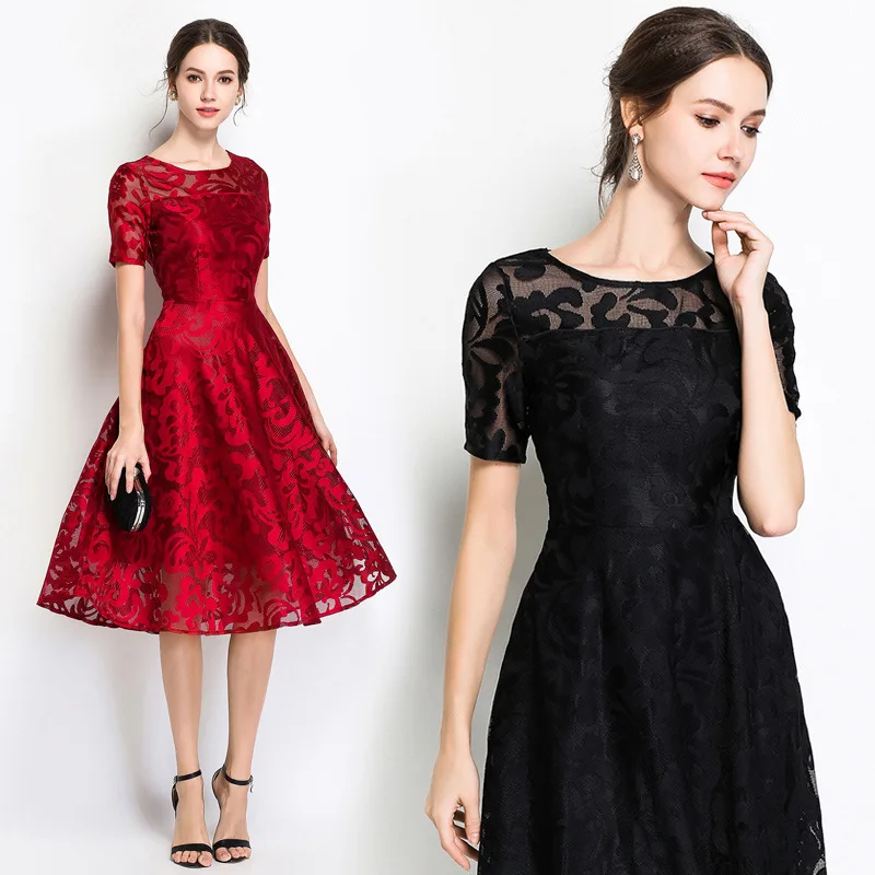

S-5XL Women's Solid Color Short Sleeve Round Neck Print Lace Slim Medium Skirt 2021 Spring/summer Fashion New Sleeveless Dress