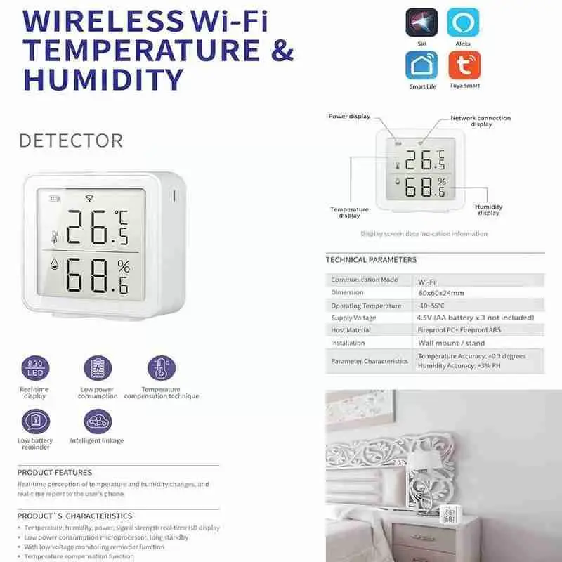 Wifi Temperature And Humidity Sensor Indoor Hygrometer Thermometer Support for Alexa Google Home Smart Life S0T6 | Безопасность и